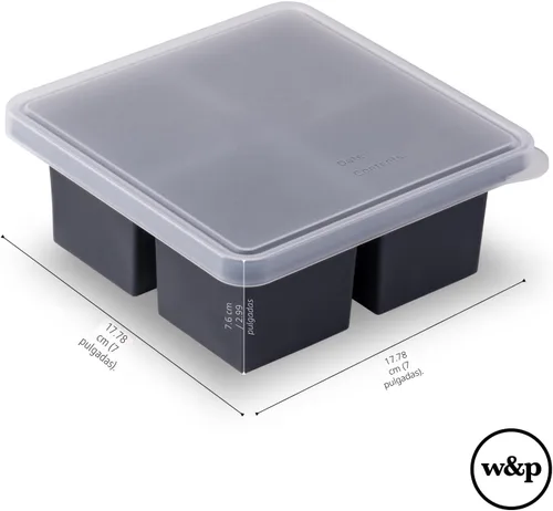 Vista 6 de W&P Cup Cubes - Bandeja de silicona para congelador con tapa, azul, hace 4 porciones perfectas de 1 taza, congela y almacena sopa, caldo, salsa