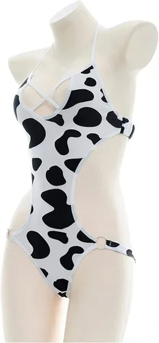 Vista 3 de KKmeter Disfraz de vaca para mujer, de malla transparente, conjunto de lencería de peluche, cuello halter, leotardo, delantal de sirvienta, traje
