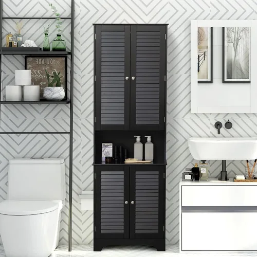 Vista 2 de HOMCOM Armario de almacenamiento alto y estrecho para baño con puertas y estantes ajustables, gabinete de lino independiente con 2 armarios