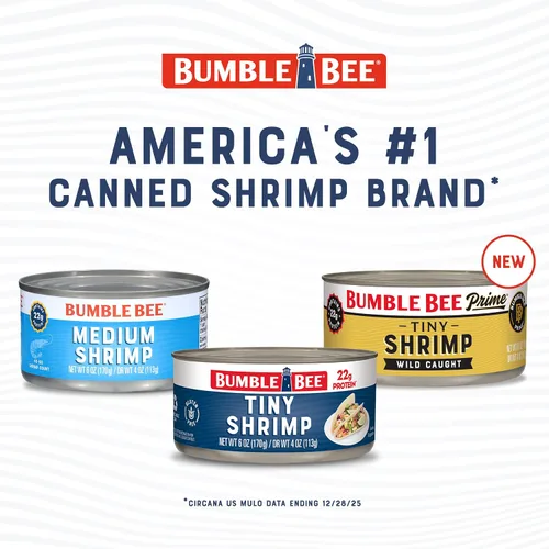 Vista 5 de Bumble Bee Camarones enlatados medianos, lata de 6 onzas, camarones en agua, cocidos, pelados, desvenados, 0.78 oz de proteína por porción, sin