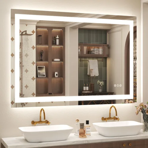 Vista 8 de Espejo de baño LED iluminado de 30 x 30 pulgadas para pared, espejo cuadrado de tocador con luces, regulable, antivaho, a prueba de roturas