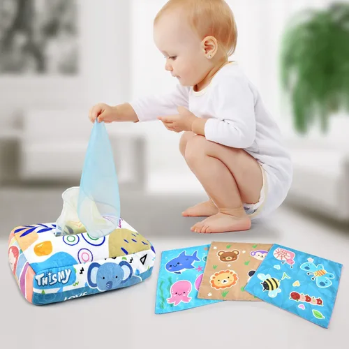Vista 5 de Juguetes para bebés 6-12 meses, juguete de caja de pañuelos montessori para bebés 6-12 18 meses, juguetes sensoriales suaves con contraste y crujido
