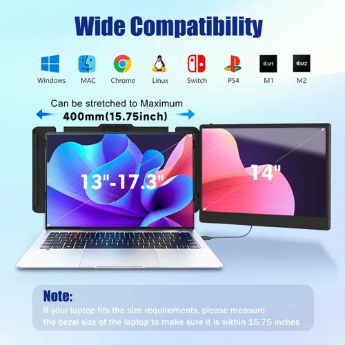 Vista 2 de KEFEYA Extensor de Pantalla para Laptop, Extensión de Monitor Portátil de 14" FHD 1080P IPS de Doble Pantalla, Monitor Portátil para Laptops