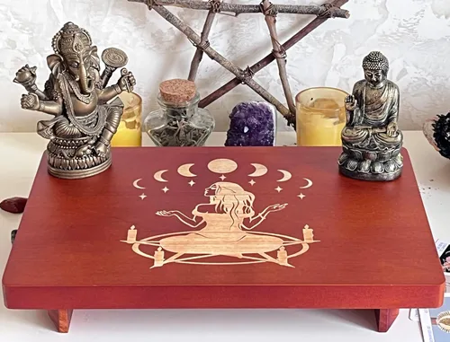 Vista 3 de Mesa de altar, mesa de meditación, mesa de altar pequeña, altar de bruja de madera, mesa de altar wiccana, santuario budista, pentáculo de bruja