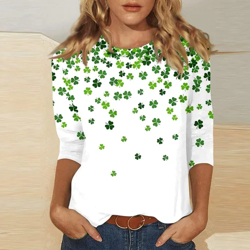Vista 41 de Camisetas personalizadas para mujer, a la moda, casual, de séptima manga, estampada, cuello redondo, camiseta