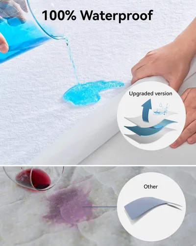 Vista 3 de Protector de colchón impermeable y refrescante tamaño Queen, con estilo de sábana ajustada y transpirable de bolsillo profundo - Protector