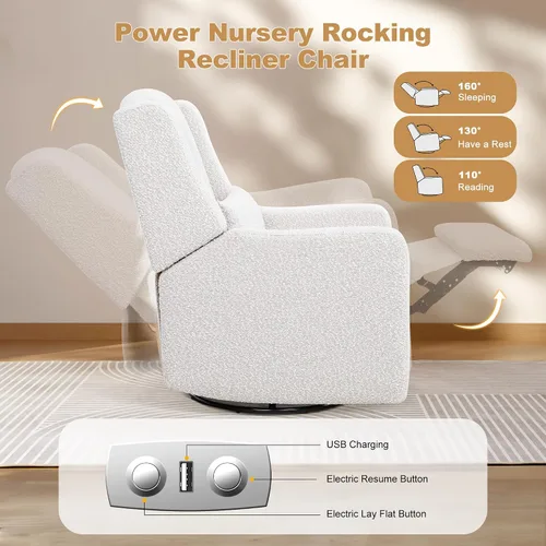 Vista 8 de Juego de 2 mecedoras eléctricas para guardería, tela de peluche agradable a la piel, silla reclinable giratoria dorada, silla de lactancia eléctrica