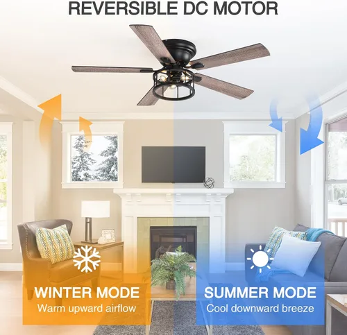 Vista 3 de Ventilador de techo rústico de granja de montaje empotrado de 52 pulgadas con luz y control remoto, motor AC reversible, 5 aspas de doble acabado
