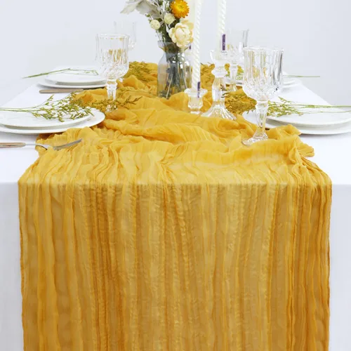 Vista 4 de Camino de mesa de gasa color dorado, 36 x 120 pulgadas, tela rústica de queso, 10 pies, camino de mesa bohemio transparente para recepción, fiesta