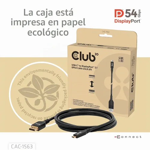 Vista 6 de Club 3D Cable USB tipo C CAC-1563 a mínimo DP 2.1 Cable certificado VESA DP54 bidireccional M/M 6.6 ft/6.56 pies