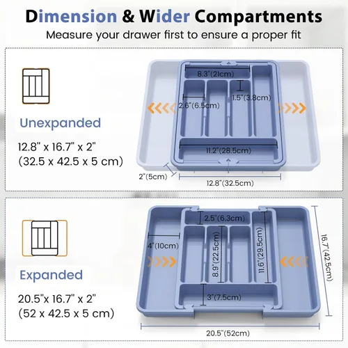 Vista 2 de Caperci Organizador grande de cubiertos para cajón de cocina y utensilios - Organizador de cajones expandible para cubiertos, cubiertos planos