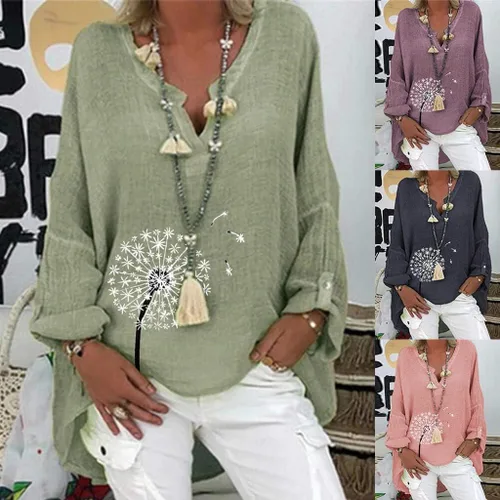 Vista 2 de Blusas de talla grande para mujer, con estampado de diente de león, de algodón y lino, transpirable, con cuello en V, informal, túnica