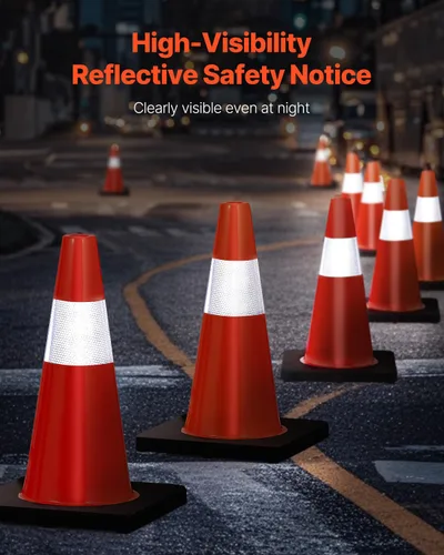 Vista 2 de VEVOR Conos de seguridad, paquete de 5 conos de tráfico de 18 pulgadas, conos de construcción naranja de PVC con collares reflectantes y base negra