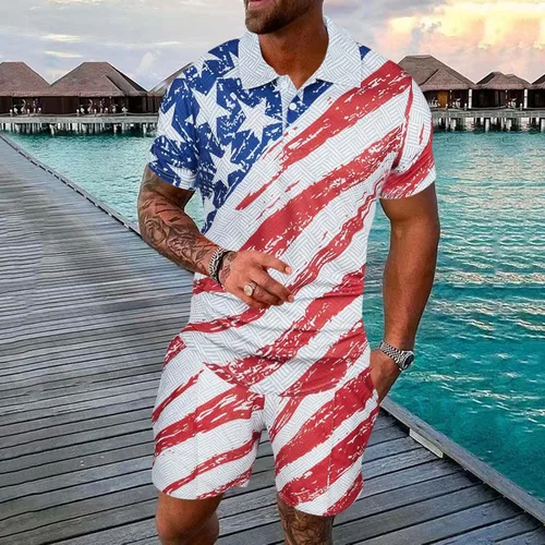 Vista 2 de Conjunto deportivo casual para hombre, diseño de bandera estadounidense, 2 piezas, conjunto de camiseta y pantalones cortos para el verano