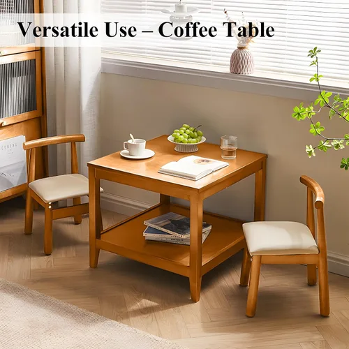 Vista 9 de Mesa auxiliar, mesa auxiliar cuadrada de madera maciza con estante de almacenamiento, mesa auxiliar de 2 niveles para sala de estar, mesa de sofá