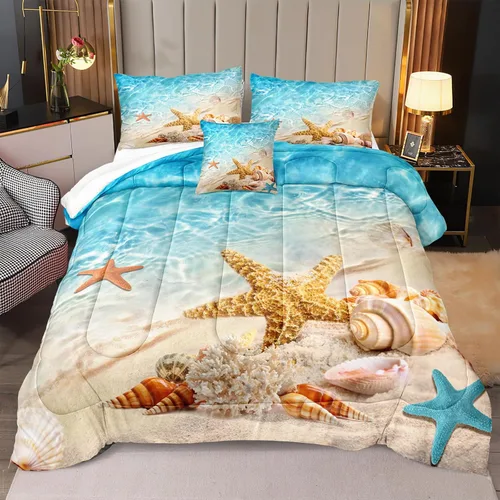 Vista 6 de Bedbay Juego de edredón con temática de playa, juego de edredón costero tamaño Queen, vida marina, turquesa, estrellas de mar, juego de edredón