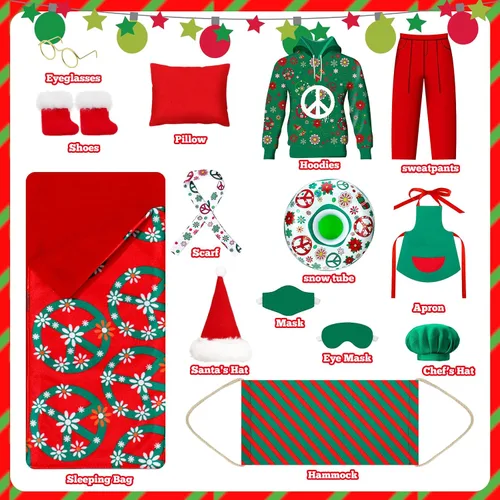 Vista 4 de Suhine Juego de 14 piezas de accesorios de Navidad para muñeca con ropa hippie que incluye suéter, saco de dormir, hamaca, delantal, sombrero y mini