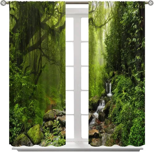 Vista 8 de Cortinas de paisajes naturales – Bosque idílico vegetación soñada, misterio fresco tema de paisajes tropicales, cortinas opacas decorativas