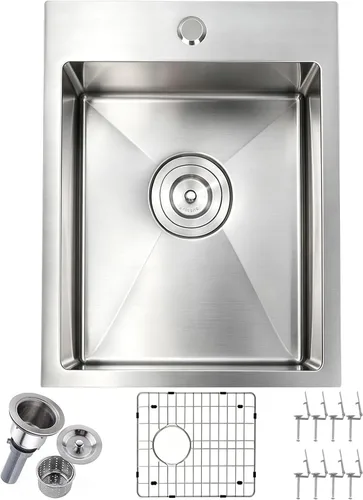 Vista 13 de Fregadero de Barra Negro Empotrable de 15x15 Pulgadas - Fregadero de Cocina Cuadrado Pequeño de Acero Inoxidable de Montaje Superior para Estación