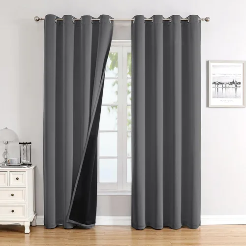 Vista 35 de ChrisDowa Cortinas 100% opacas de 63 pulgadas de largo para dormitorio con forro negro, 2 capas gruesas totalmente opacas con aislamiento térmico