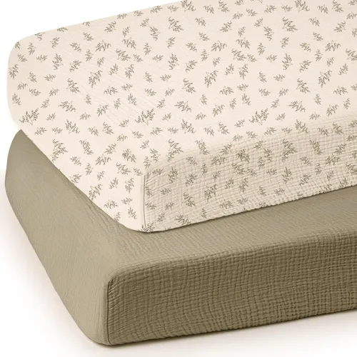 Vista 16 de Sábanas de cuna de muselina lulumoon para bebé: Sábanas ajustadas y transpirables para cuna de niños - Hojas de hoja de árbol verde para cuna