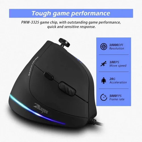 Vista 7 de Zelotes Ratón vertical con barra de control, 10000DPI LED óptico USB con cable ratón para juegos, (negro)