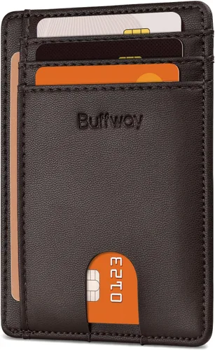 Vista 46 de Buffway - Carteras de cuero delgadas minimalistas con bolsillo frontal y bloqueo RFID para hombres y mujeres, negro (Alaska Black), Minimalista