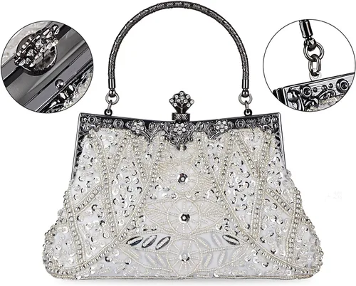 Vista 6 de Bolso de estilo vintage con cuentas de lentejuelas bolso de noche de fiesta de boda bolso de embrague de diamantes de imitación, plateado