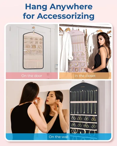Vista 7 de BAGSMART Organizador de Joyas Colgante con Ganchos de Metal con Percha, Soporte de Joyería de Doble Cara para Organizar Aretes, Collares, Anillos