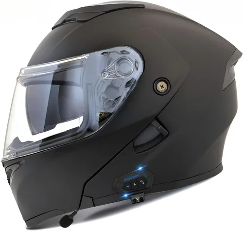 Vista 3 de Casco modular Bluetooth para motocicleta, aprobado por DOT, de cara completa con visor abatible, de doble visera, con altavoces duales y micrófono
