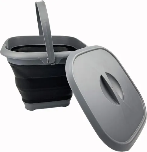 Vista 7 de SAMMART Cubo cuadrado plegable de 8.5 L (2.2 galones) con tapa/cubo de agua cuadrado plegable con tapa/bañera portátil con asa y tapa (gris/negro)