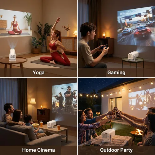 Vista 9 de Mini proyector con Wifi y Bluetooth, Android 14 integrado, proyector portátil para uso en exteriores y techo, Keystonet automático y giratorio