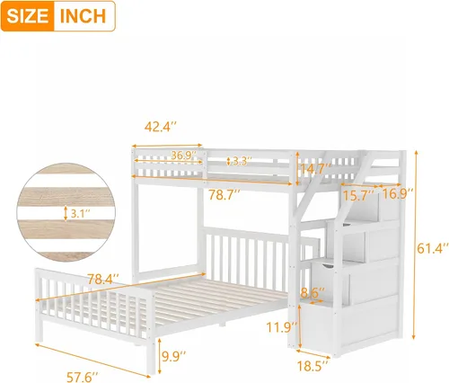 Vista 2 de Litera en forma de L individual sobre matrimonial, cama tipo loft individual con cajones de almacenamiento (blanco)