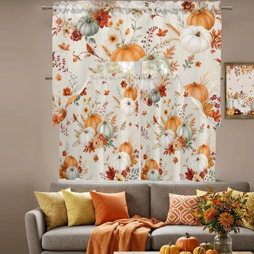 Vista 5 de Thanksgiving Fall Swag Kitchen Curtain Sets with Valance, Orange White Pumpkins 3 Pieces Curtain Drapes Rod Pocket for Bedroom Living Room Bathroom