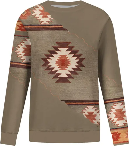 Vista 4 de Sudadera de manga larga con cuello redondo para mujer, casual, holgada, con estampado azteca occidental, camiseta tipo túnica de moda de otoño