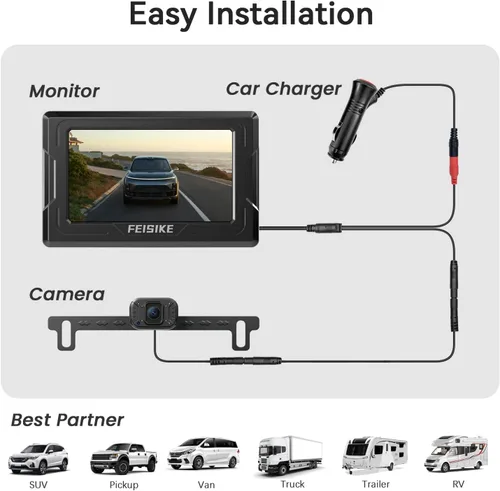 Vista 2 de FEISIKE Cámara de respaldo, visión nocturna IR 1080P con monitor, cámara de visión trasera plug-play fácil de instalar, gran angular de 150 grados