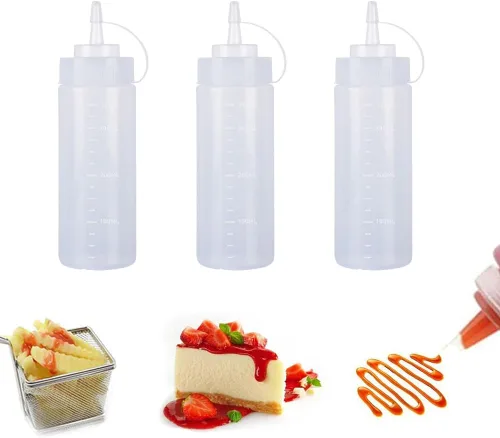 Vista 13 de Botellas de plástico de 3 colores de 12 onzas, botellas para apretar condimentos, botella multiusos para salsa de tomate, aceite, mermelada, salsa