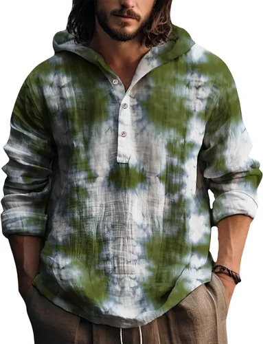 Vista 18 de Sudaderas con capucha para hombre, con estampado de teñido anudado, cuello en V, manga larga, con botones, de gran