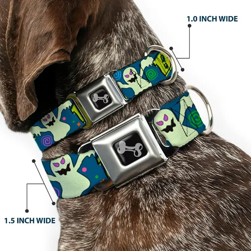 Vista 2 de Collar de perro hebilla de cinturón de seguridad Ghost Boo azul multicolor 9 a 15 pulgadas 1.0 pulgadas de ancho