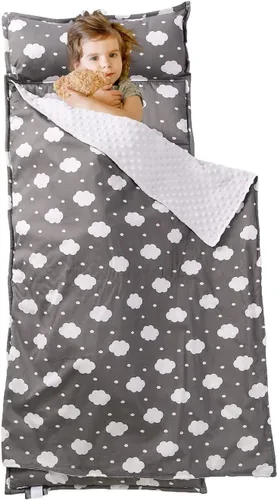 Vista 4 de NapCure Tapete para siesta para niños pequeños con almohada y manta de minky, tapetes enrollados suaves para niños y niñas, ligera, guardería, Nube