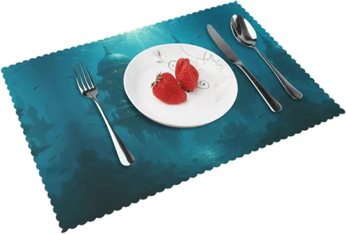 Vista 15 de Juego de 4 manteles individuales rectangulares, resistentes al calor 3D isométricos impresos para cocina y comedor