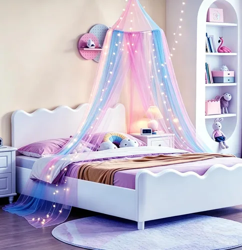 Vista 3 de Toldo de cama arcoíris con luces para niñas, toldo para habitación de niñas, red de cama para cama individual, individual, matrimonial, queen