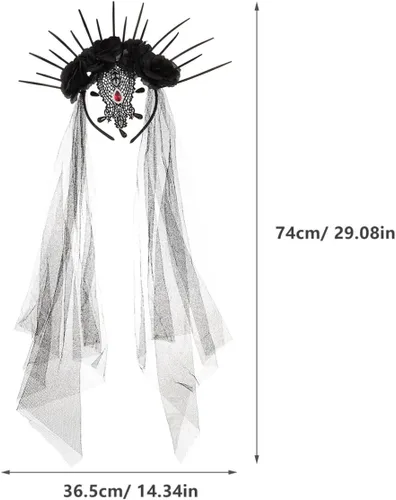 Vista 3 de EXCEART Diadema de flores de rosas para Halloween, tocado con velo negro, disfraz de cosplay mexicano, corona de flores, festival, velo