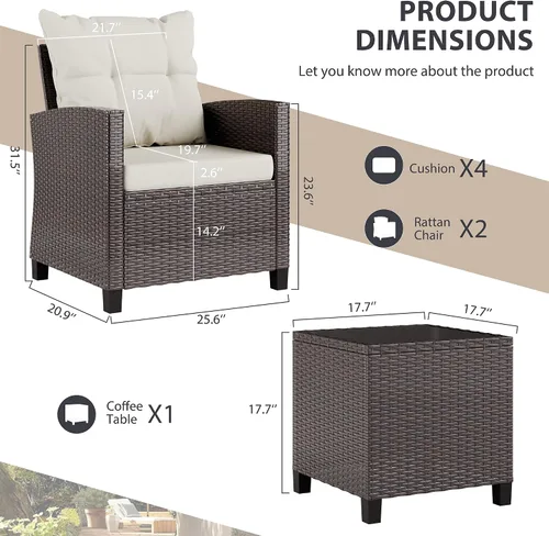 Vista 5 de Vongrasig juego de 3 muebles de patio de mimbre para exteriores, pequeño juego de ratán para porche delantero, juego de bistró con sillas acolchadas