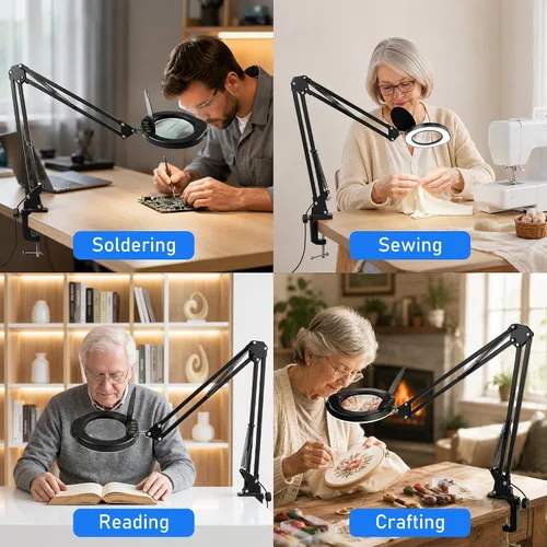 Vista 7 de Lupa grande de 10 veces con luz y soporte, lámpara de escritorio LED con abrazadera, 5 modos de color, 10 niveles regulables, manos libres para Negro