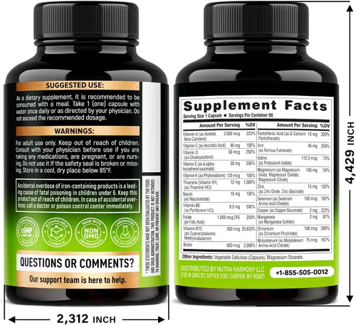 Vista 2 de Multivitamínico bariátrico - Suplementos de hierro de 45 mg - Fabricado en EE. UU. - para mujeres y hombres - Todo en uno, 21 vitaminas esenciales
