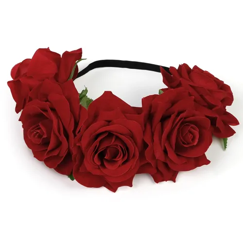 Vista 8 de WOVOWOVO Diademas florales de corona de rosas oscuras para mujer, diadema de rosas falsas rojas para festivales, Halloween, cosplay, disfraces