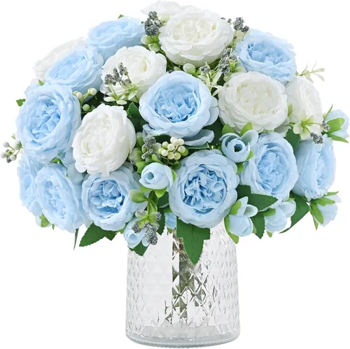 Vista 22 de MARTINE MALL 2 Paquetes de Flores Artificiales de Peonía, Flores Artificiales Azules de Peonía, Flores de Seda de Peonía, Flores de Peonía Falsas