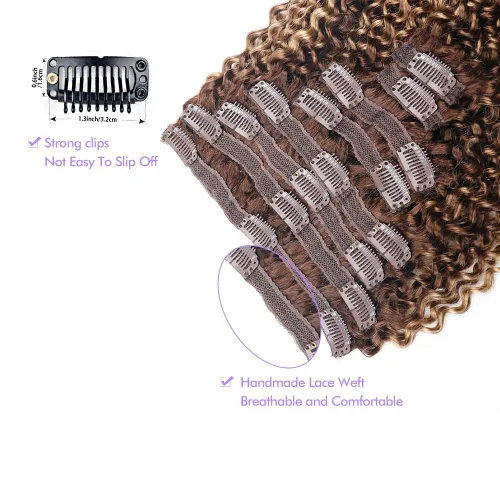 Vista 5 de Extensiones de cabello humano real rizado con clip, balayage, color marrón chocolate a rubio caramelo, 8 piezas con 18 clips, 4.23 oz/juego