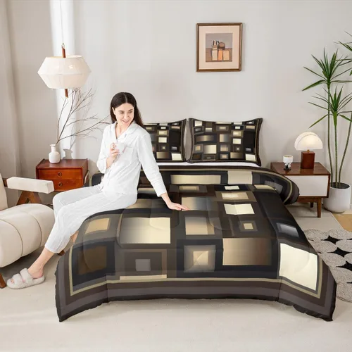 Vista 21 de Castle Fairy Juego de edredón con estampado azteca occidental, juego de ropa de cama geométrica a rayas marrones para niños y adolescentes